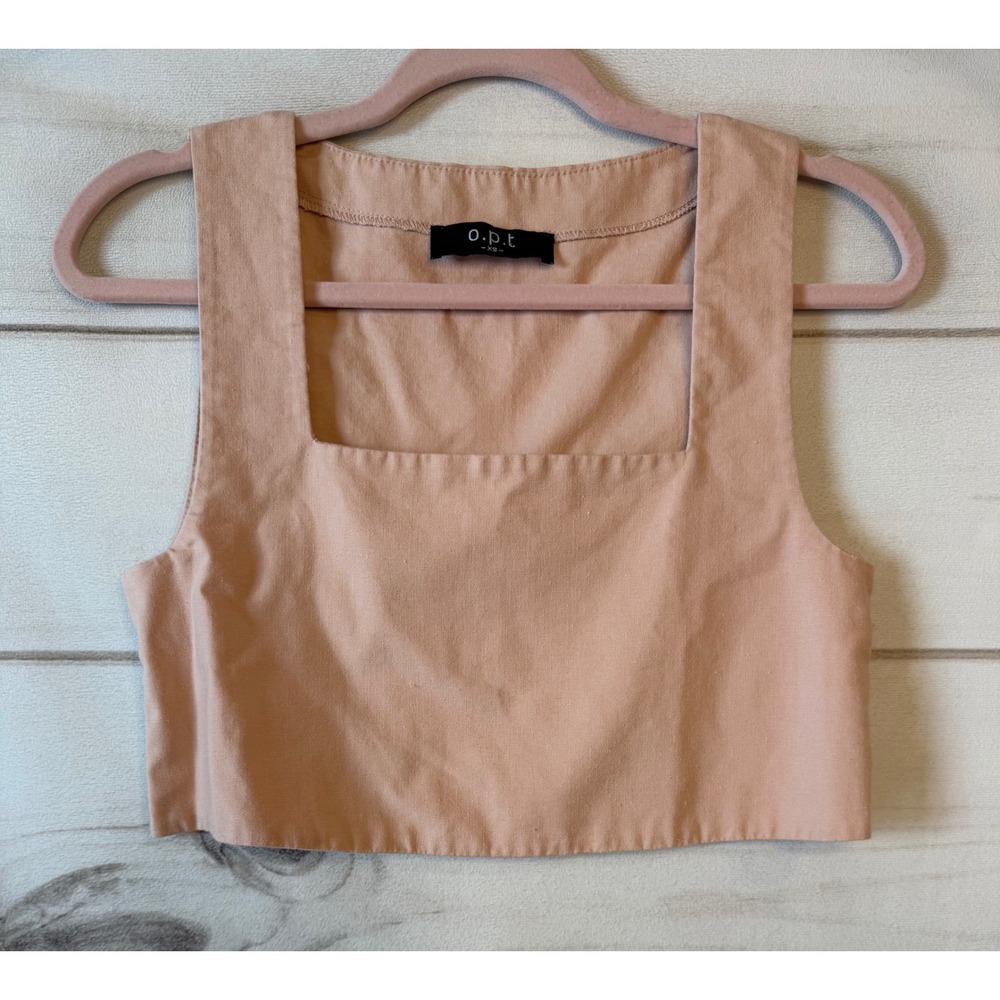 o.p.t Women Peach Pink Cotton Linen Silk Blend Square Neck Crop Top XS RN151041